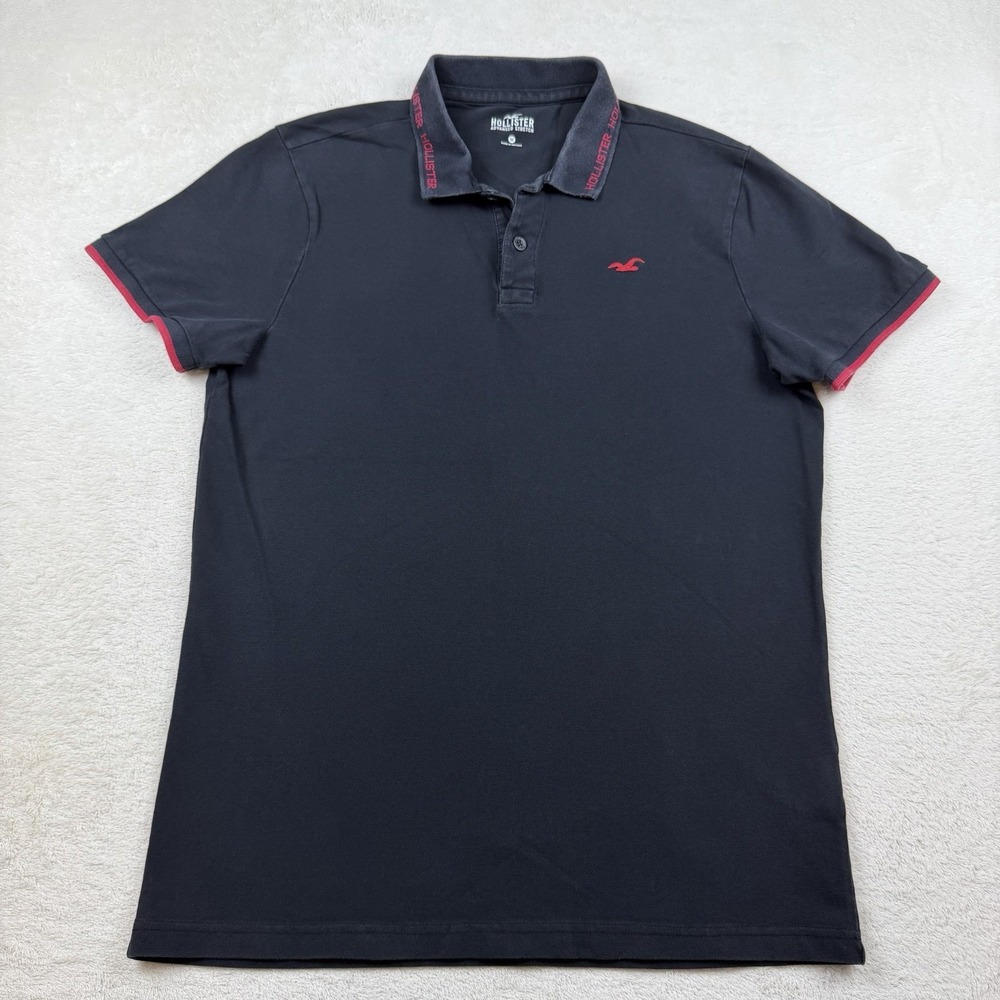 Hollister Polo Shirt Men's Medium Black Red Logo Advance Stretch Short Sleeve